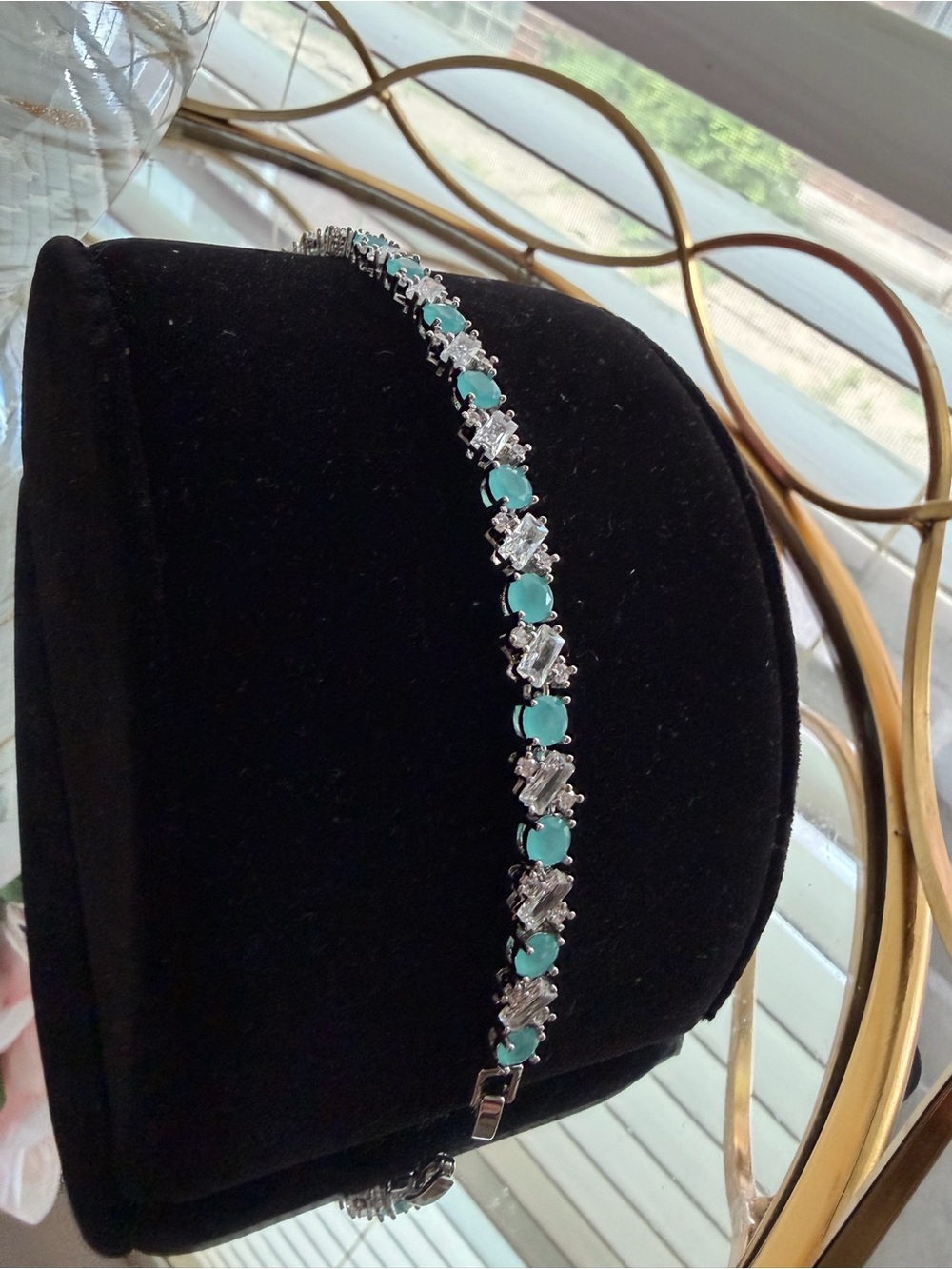 Silver-Tone Bracelet with Turquoise and Clear Stones - Women Jewelry